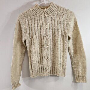 Vintage Junior Bazaar Womens Cream Knit Sweater with Frog Buttons